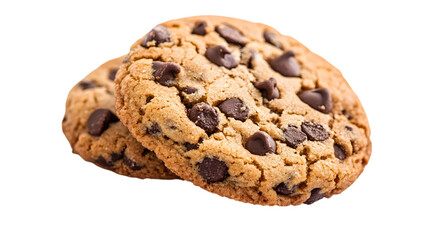 Two chocolate chip cookies on a white background