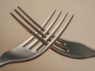 Interlocked Metal Forks with Warm Light on Neutral Background