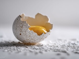 Cracked Eggshell with Yolk on Floured Surface in Soft Light