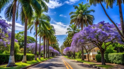 Fototapeta premium A picturesque avenue lined with tall palm trees and blooming jacaranda trees under a bright blue sky