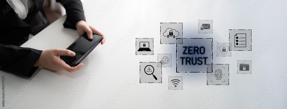 Poster zero trust model enhances data protection. zero trust blocks unauthorized access, secures devices, z