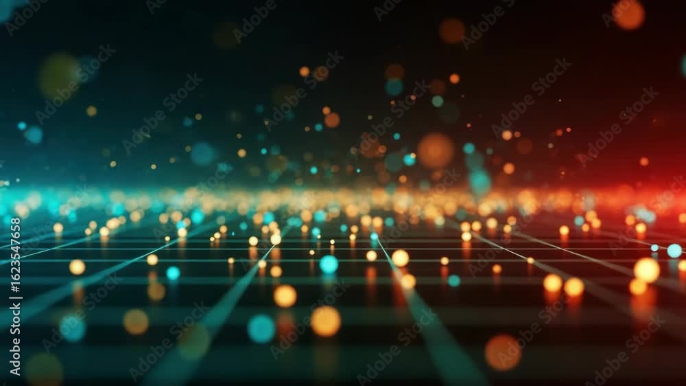 Poster a vibrant digital landscape featuring a grid pattern illuminated by colorful glowing orbs in shades 
