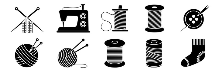Sewing and knitting vector icon set. Black and white illustrations of sewing machine, yarn balls, knitting needles, spools of thread, needle and button, knitted sock. Design elements for crafting and 