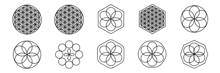 Set of ten geometric Flower of Life and Seed of Life shapes. Vector illustration collection - circles, hexagons, intersecting lines, monochrome, decorative elements, sacred geometry. Design elements s