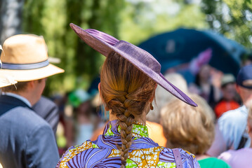 A woman with braided hair seen from behind, she wears a wide-brimmed purple hat. 
