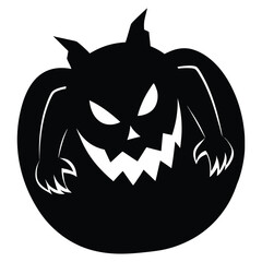 Scary black silhouette of a halloween pumpkin monster with glowing eyes
