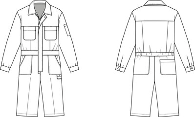 Technical flat sketch of long sleeve utility jumpsuit with front zipper, flap pockets, waistband, back view and detailed stitching © rayhan039