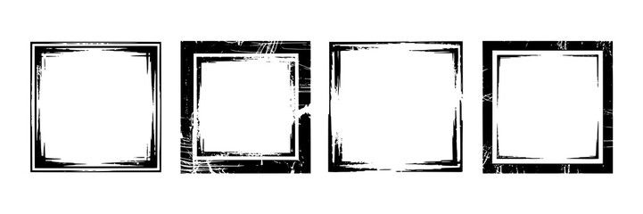 Set of four black and white square grunge frames with distressed, textured borders. Vector illustration - blank, empty, square shapes with brush strokes, scratches, and vintage, worn effects. Design e