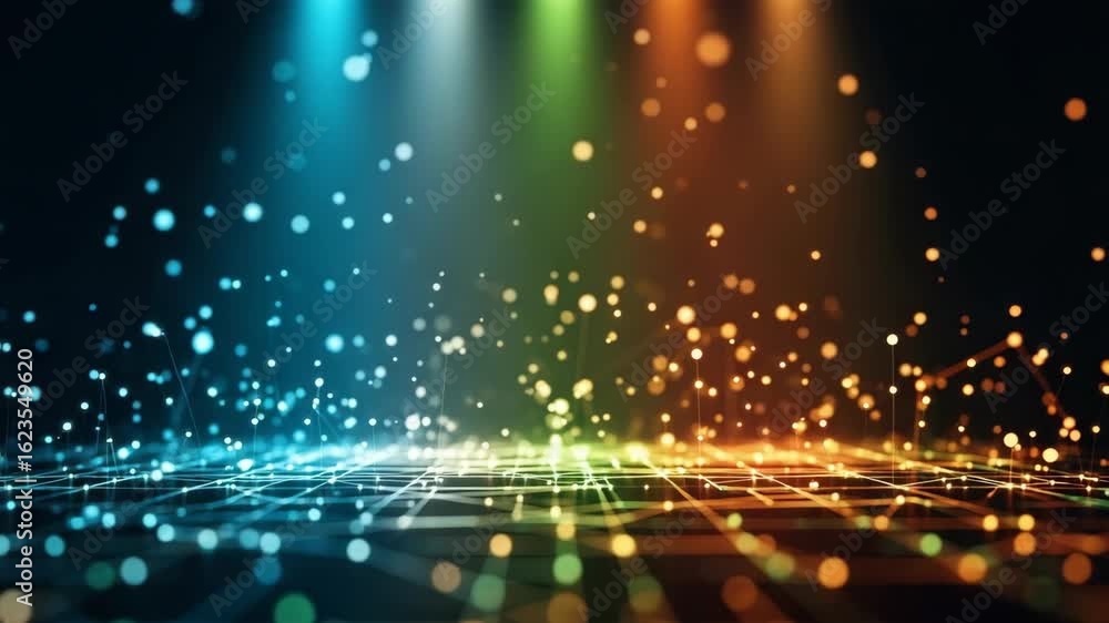Poster a vibrant digital backdrop featuring dynamic multicolored lights and sparkling particles creating an