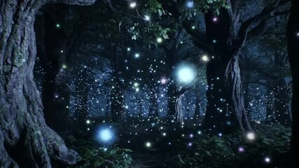 Forest scene filled with floating colorful lights beneath tree canopy - Powered by Adobe