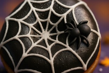 Halloween donut decorated with spider and spiderweb icing for spooky celebration