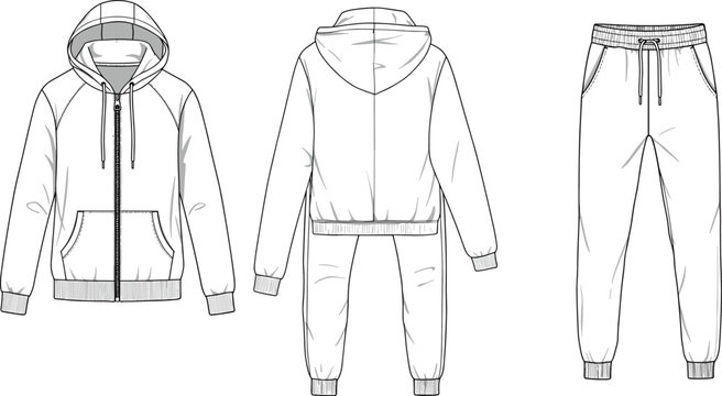 Technical flat sketch of unisex hoodie and jogger pants set, front and back view, fashion design template for apparel illustration