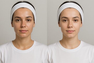 Before and after skincare routine on young woman with soft facial expression and headband isolated on neutral background. concept of beauty, skincare treatment, healthy skin