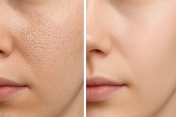 Before and after skincare transformation showing clearer complexion and reduced pores. concept of skincare effectiveness, facial treatment success, healthy skin improvement