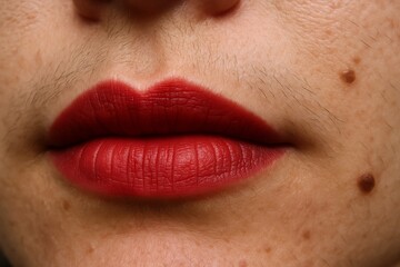 Close up of female lips with red lipstick and visible facial hair above upper lip. Concept of hormonal imbalance, hirsutism, PCOS symptom, endocrine disorder, real skin texture, woman health issue