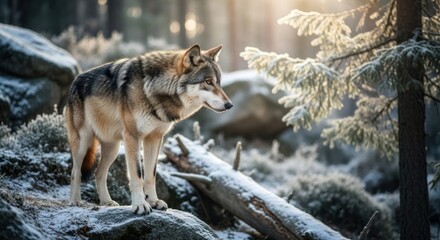Fototapeta premium Frosted forest, wolf stands alert