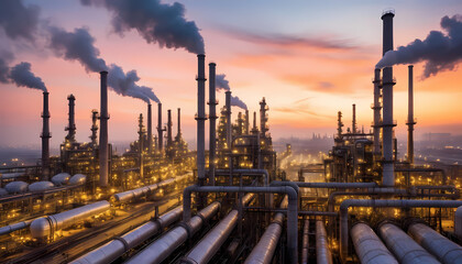 Sprawling industrial oil refinery complex with intricate pipelines and smokestacks under a dramatic sunset sky.