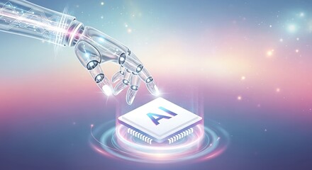Translucent glass robotic hand with glowing circuits interacting with AI chip