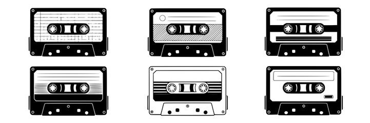 Fototapeta premium Set of six monochrome vector illustrations of audio cassettes. Vintage music, mixtapes, retro technology design elements. Black and white line art drawings of cassette tapes, organized collection.