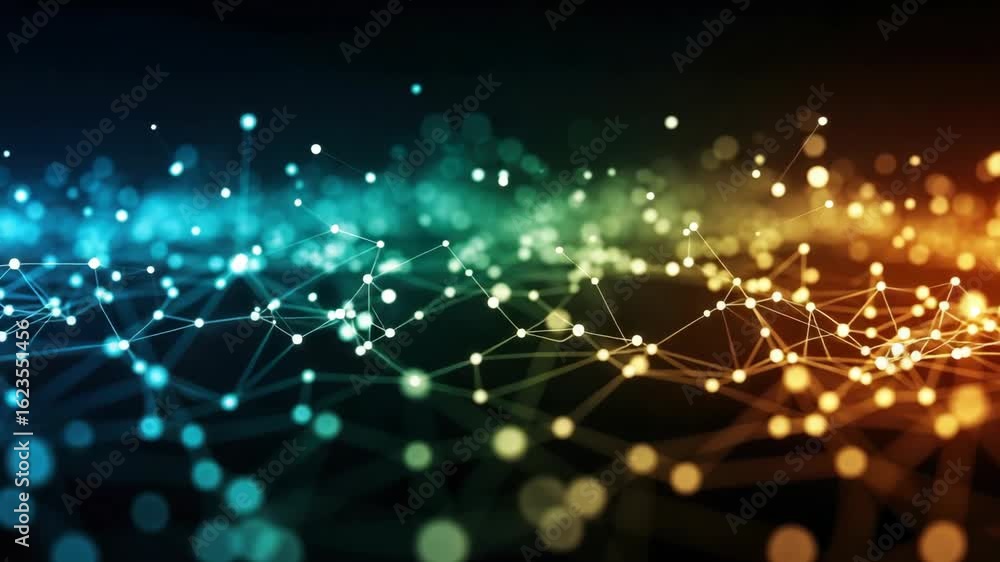 Poster a vibrant abstract representation of interconnected nodes and glowing particles symbolizing digital 