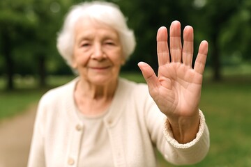 Elderly woman gesturing stop with hand in park. concept of communication, warning, outdoor activity, senior lifestyle, human interaction, nature.
