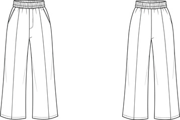 Women’s wide leg pants fashion flat sketch with elastic waistband, side pockets, front and back view, comfortable relaxed fit