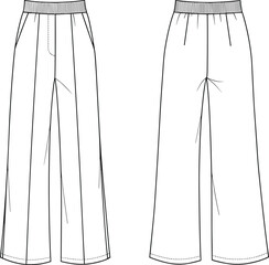 Women’s wide leg pants technical flat sketch, front and back view, fashion apparel illustration for loungewear, casualwear, and clothing design