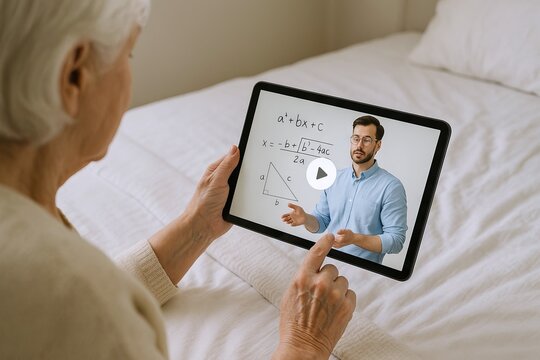 Elderly woman learning mathematics on tablet with online video lesson in cozy home environment. concept of lifelong learning, technology in education, digital literacy - Powered by Adobe