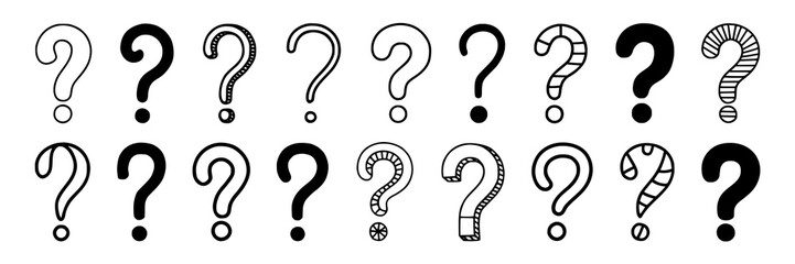 Set of eighteen hand-drawn question marks. Doodle question mark collection - sketch, outline, solid, patterned, decorative. Black and white question marks isolated on white. Design elements, vector il