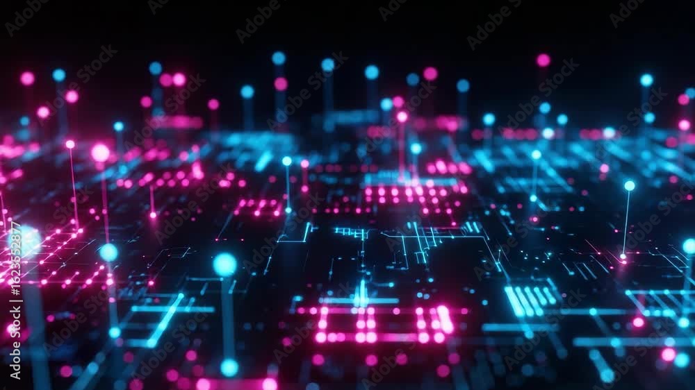 Poster a vibrant digital landscape showcasing an abstract network of interconnected nodes and lines illumin