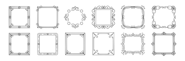 Collection of twelve hand-drawn decorative square frames. Black ink line art on white background featuring swirls, flourishes, dots, hearts, and geometric shapes. Vector illustration design elements s