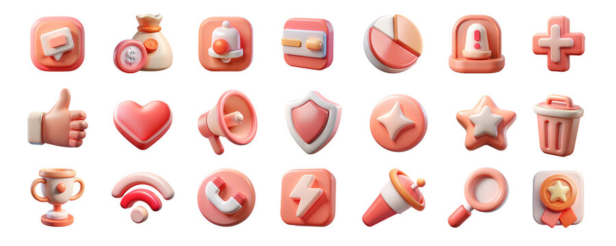 3D UI Icon Set. Soft Glossy Peach Pink Color. Modern App, Web, UX Design Elements of Money, notification, pie chart, like, love, heart, and More icons. 3d render illustration in transparent background - Powered by Adobe