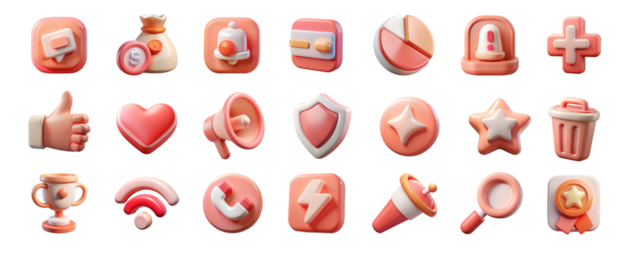 3D UI Icon Set. Soft Glossy Peach Pink Color. Modern App, Web, UX Design Elements of Money, notification, pie chart, like, love, heart, and More icons. 3d render illustration in transparent background