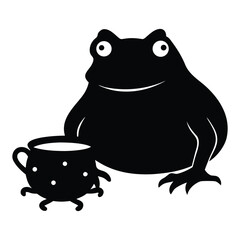 Cute black frog with a cup of coffee or tea