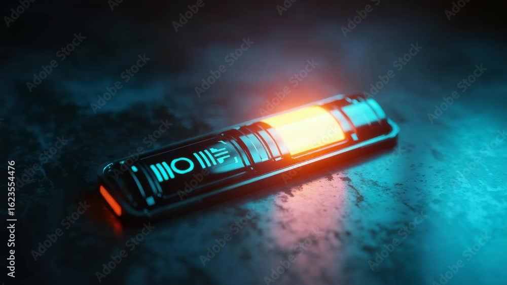 Poster a futuristic glowing device rests on a textured surface illuminated by vibrant blue and orange light