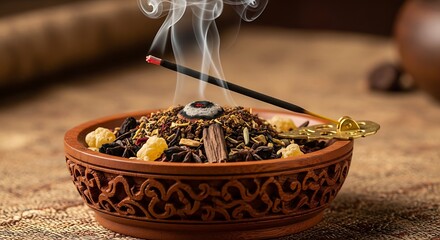Exotic incense resins with golden holder on woven silk for spiritual practice