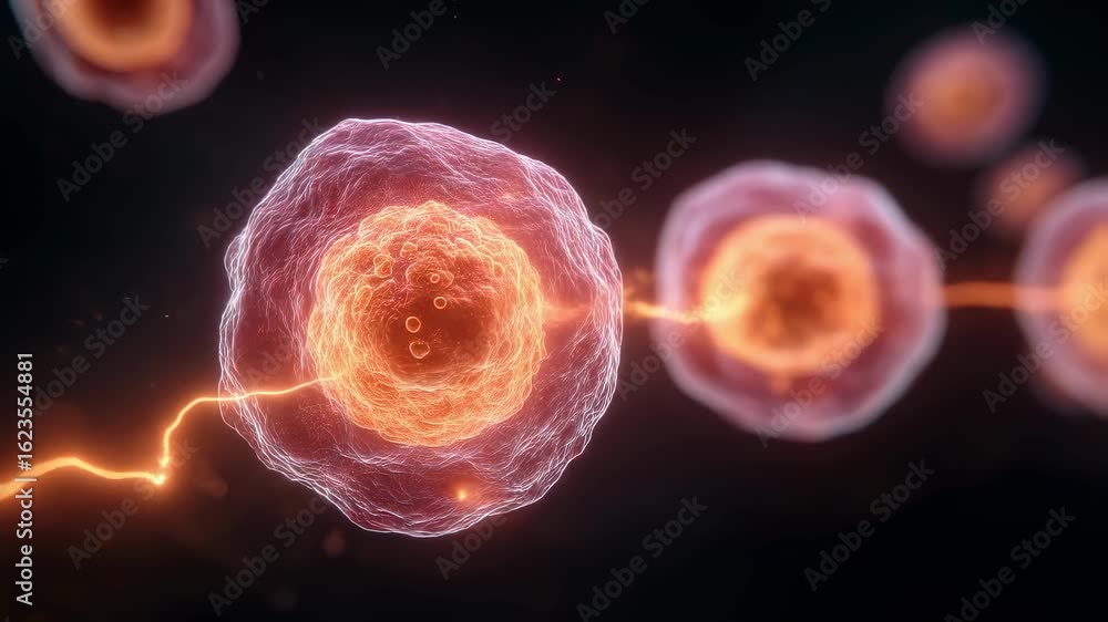 Poster hightech cgi sequence of hormone molecules locking with cell receptors under glowing light effects s