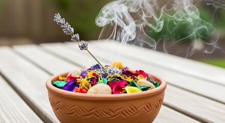 Rustic clay bowl with colorful dried flower petals and fragrant steam
