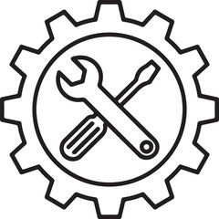 Mechanical gear with crossed wrench and screwdriver icon symbolizing repair and maintenance