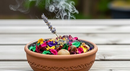 Natural potpourri with lavender sprig on weathered picnic table in garden