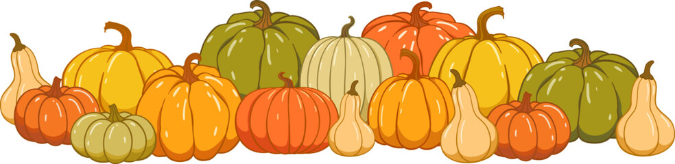 Set of vector autumn pumpkins. Hand drawn pumpkin squash in different colors and shapes
