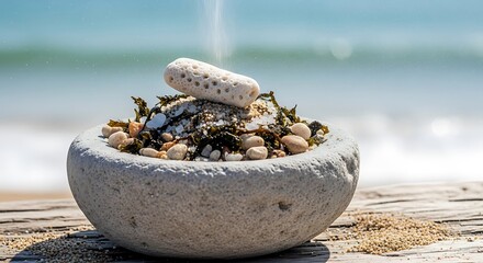 Rough-hewn stone bowl with sea salt and dried seaweed on driftwood