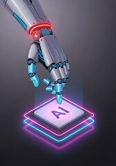 Futuristic Robot Arm Pressing AI Microchip with Neon Glow on Dark Gradient Background
