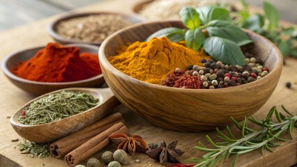Assortment of Colorful Spices and Herbs in Wooden Bowl