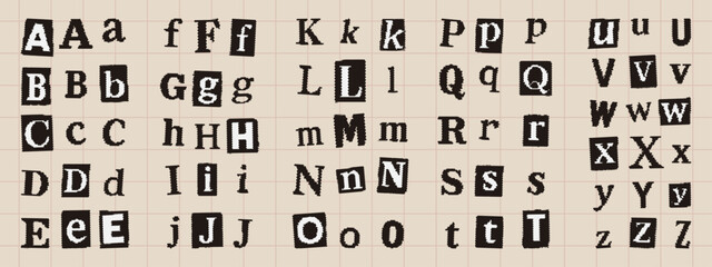 Full english alphabet in newspaper cut out letters with halftone effect on a grid paper design for creative projects.
