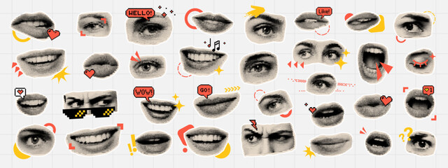 Abstract collage vector with multiple eyes and lips showing various emotions and reactions, social media concept.