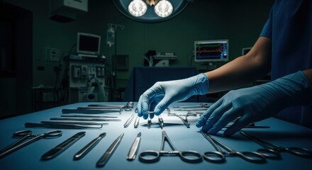 Gloved hands of a surgical technician arrange medical instruments on a sterile table in an operating room