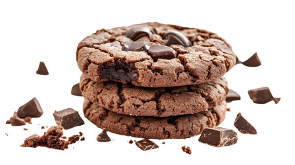 Three chocolate chip cookies stacked on top of each other with chocolate chips scattered around. Concept of indulgence and enjoyment