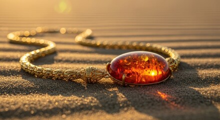 Golden amber necklace on desert sand at sunset