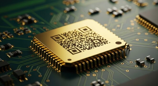 Golden chip with QR code on circuit board